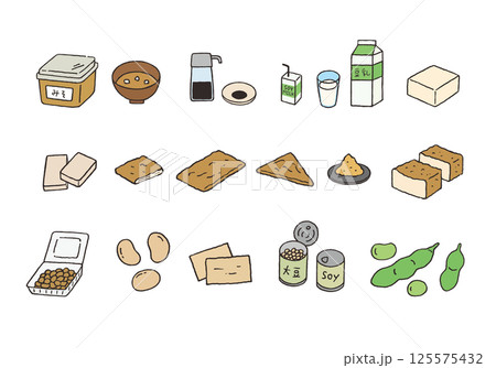 大豆製品の手描きイラストセット（カラー） 125575432
