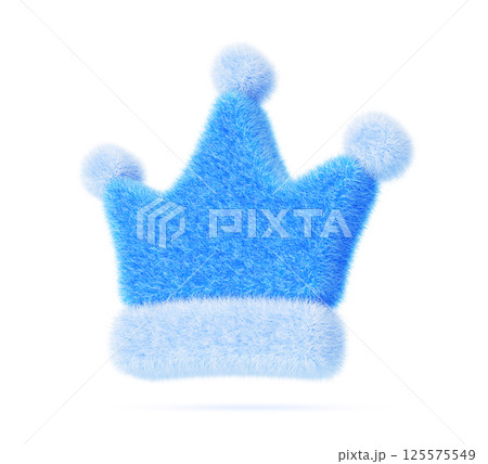 3d blue fur fluffy crown ui icon. Medieval royal headdress for king, queen, prince or princess. Monarchy symbol for game or web design. Cute soft plush corona badge with hairy texture. 3D illustration 125575549