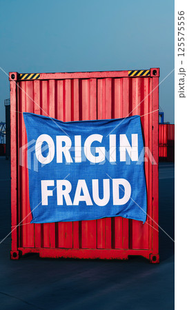 Red shipping container with blue banner reading origin fraud bold letter at industrial port, outdoor supply chain warning 125575556