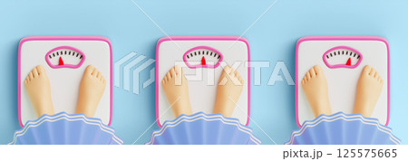 Women legs on scale top view, measure weight animation with moving arrows sequence. Girl feet with underweight, normal and overweight indicators. Female on diet isolated 3d render set. 3D illustration 125575665
