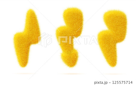 3d yellow fur fluffy lightning bolt of different shape render. Soft plush set of thunder flash or electric energy power sign with hairy texture. Thunderbolt for warning, fast and sale. 3D illustration 125575714