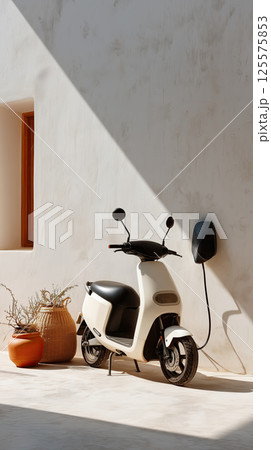 Electric scooter charging on wallbox outside modern white house, sunlight, minimal style Electric scooter charging on wallbox outside modern white house, sunlight, minimal style 125575853