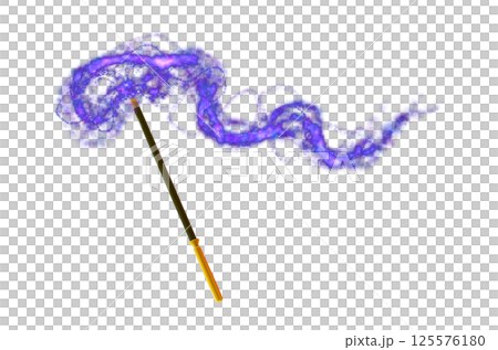 Realistic magic wand and and enchanted blue lights. Multicolored glowing plume of smoke, black abstract tansparent effect. Cartoon sorcery stick isolated. Celebration symbol. Png 125576180