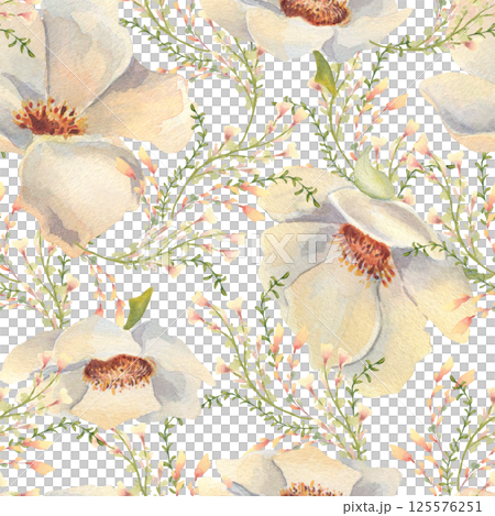 Watercolor pattern with white anemones, delicate greenery and small meadow flowers isolated on white. Hand painted floral repeat background neutral colors for textile, gift wrap, spring themed fabric. Watercolor pattern with white anemones, delicate greenery and small meadow flowers isolated on white. Hand painted floral repeat background neutral colors for textile, gift wrap, spring themed fabric. 125576251
