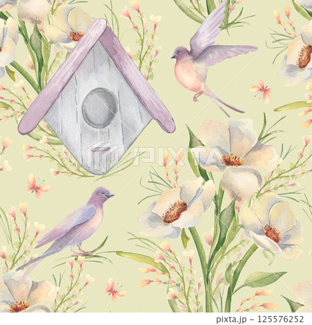 Seamless pattern with watercolor birdhouse, creamy poppies, and flying swallows in soft pastel tones isolated. Hand drawn floral and bird design for nursery prints, fabric, and spring stationery. Seamless pattern with watercolor birdhouse, creamy poppies, and flying swallows in soft pastel tones isolated. Hand drawn floral and bird design for nursery prints, fabric, and spring stationery. 125576252