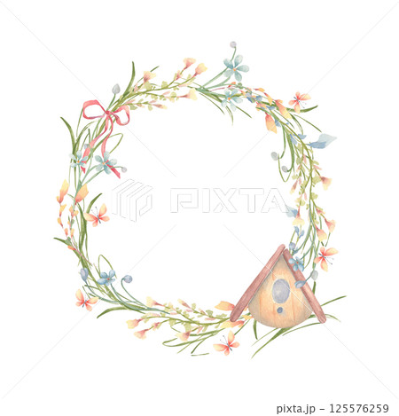 Delicate watercolor floral wreath soft yellow and blue wildflowers and small birdhouse isolated on white. Tiny flowers, butterflies hand drawn circle frame. Spring design for greeting card, packaging. Delicate watercolor floral wreath soft yellow and blue wildflowers and small birdhouse isolated on white. Tiny flowers, butterflies hand drawn circle frame. Spring design for greeting card, packaging. 125576259