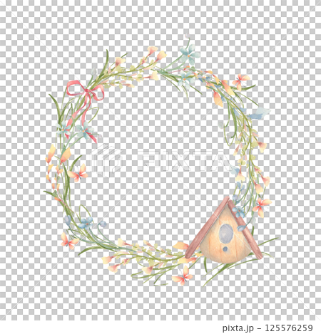 Delicate watercolor floral wreath soft yellow and blue wildflowers and small birdhouse isolated on white. Tiny flowers, butterflies hand drawn circle frame. Spring design for greeting card, packaging. Delicate watercolor floral wreath soft yellow and blue wildflowers and small birdhouse isolated on white. Tiny flowers, butterflies hand drawn circle frame. Spring design for greeting card, packaging. 125576259