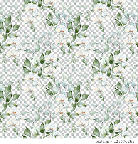 Pastel floral pattern with white orchids, holly, and eucalyptus hand painted. Soft neutral flowing branches on delicate botanical seamless background for fabric, wedding invitations, botany prints. Pastel floral pattern with white orchids, holly, and eucalyptus hand painted. Soft neutral flowing branches on delicate botanical seamless background for fabric, wedding invitations, botany prints. 125576265