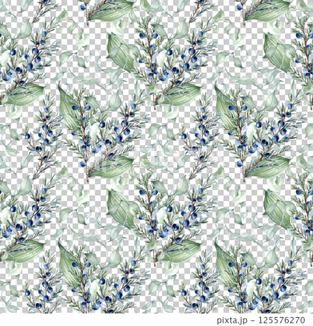 Juniper branches and plants in soft sage green delicate watercolor seamless pattern isolated. Foliage hand drawn repeated background for fabric, invitations, and home decor. Elegant botanical design. 125576270
