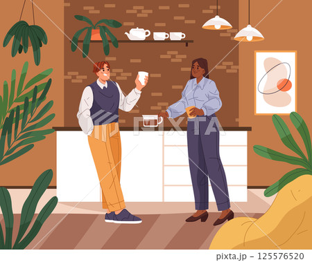 Office coffee break. Vector man and woman chatting at workplace. Colleagues communicate during pause at corporate place. Social informal meet at work, job. Indoor breakroom. Friendly company breaktime 125576520