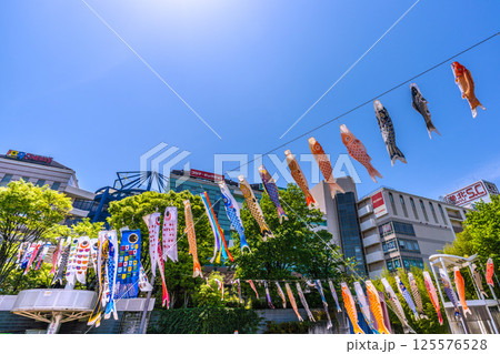 日本の横浜都市景観　地下鉄　「センター南駅」前の鯉のぼりなどを望む 125576528