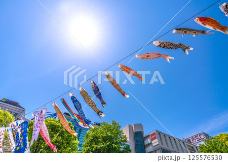 日本の横浜都市景観　地下鉄　「センター南駅」前の鯉のぼりなどを望む 125576530