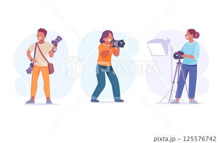 A Variety of Diverse Photographers Skillfully Capturing Moments Both in Studio and Outdoor Settings A Variety of Diverse Photographers Skillfully Capturing Moments Both in Studio and Outdoor Settings 125576742