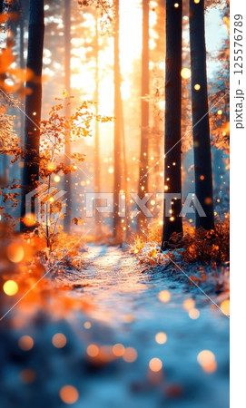 Serene forest path illuminated by fireflies and frosty surroundings in daylight hours 125576789