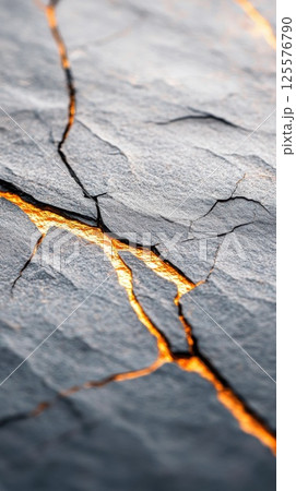 Cracked stone surface reveals liquid gold seeping through in vibrant tones from 90 degree angle 125576790