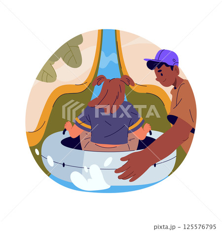 Amusement park water attraction with cartoon people. Vector sign of aqua slides seat and speed tubes. Summer activity for family and outdoor adventure. Recreation and excitement. Waterpark at carnival 125576795