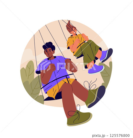 Pair at swing seesaw or people at carousel. Vector amusement park attraction with family. Outdoor holiday recreation or festive fun action. Friends at ride. Carnival sign or poster. Entertainment. Pair at swing seesaw or people at carousel. Vector amusement park attraction with family. Outdoor holiday recreation or festive fun action. Friends at ride. Carnival sign or poster. Entertainment. 125576800