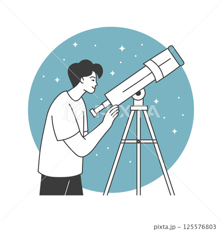 Man observing the night sky with a telescope. Minimalist illustration. 125576803