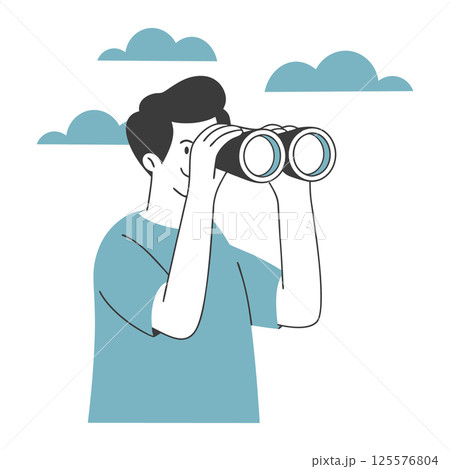 Man looking through binoculars against clouds background. Minimalist illustration. 125576804