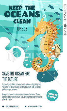 World Oceans Day Story Template. Banner with Sea Horse Design for Social Media. Help Protect Our Oceans. Vertical Vector Illustration for Eco Campaigns World Oceans Day Story Template. Banner with Sea Horse Design for Social Media. Help Protect Our Oceans. Vertical Vector Illustration for Eco Campaigns 125576825