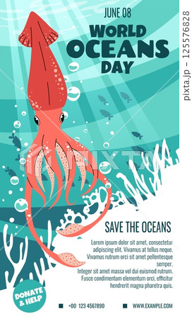 World Oceans Day Flat Design Template. Squid and Coral Reef Illustration for Social Media Stories. Marine Conservation Vertical Vector Art for Eco Campaigns. World Oceans Day Flat Design Template. Squid and Coral Reef Illustration for Social Media Stories. Marine Conservation Vertical Vector Art for Eco Campaigns. 125576828