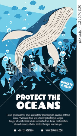 Flat Style Whale Illustration for World Oceans Day. Vertical Social Media Template Supporting Marine Life Protection. Vertical Vector Illustration for Eco Awareness Campaigns. 125576830
