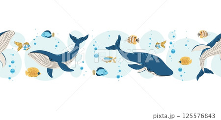 Seamless Horizontal Border with whales, tropical fish and Bubbles. Underwater Ocean Pattern for Scrapbooking, Website Headers and Print Design. Repeatable Vector Illustration Seamless Horizontal Border with whales, tropical fish and Bubbles. Underwater Ocean Pattern for Scrapbooking, Website Headers and Print Design. Repeatable Vector Illustration 125576843