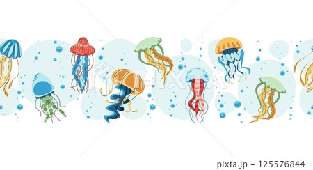 Seamless Horizontal Border with Jellyfish and Bubbles. Underwater Ocean Pattern for Scrapbooking, Wallpaper and Print Design. Repeatable Vector Illustration Seamless Horizontal Border with Jellyfish and Bubbles. Underwater Ocean Pattern for Scrapbooking, Wallpaper and Print Design. Repeatable Vector Illustration 125576844