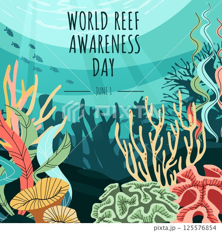 World Reef Day Square Banner. Flat Coral Reef Illustration. Minimalist Marine Background for Eco Campaigns, Social Media and Print. Vector Design 125576854