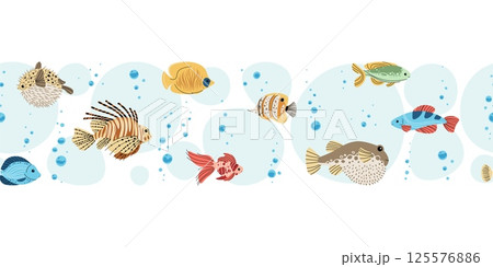 Seamless Horizontal Border with tropical fish and Bubbles. Underwater Ocean Pattern for Scrapbooking, Fabric Printing and Stationery Design. Repeatable Vector Illustration. 125576886