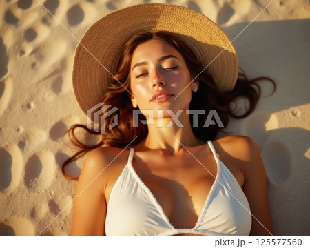 A serene beach scene where a person lies on the sand, wearing a white swimsuit and a wide-brimmed straw hat. Sunlight casts soft shadows, creating a peaceful summer mood. 125577560