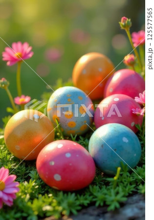 Beautifully arranged Easter eggs in vibrant colors, sitting on vivid green grass with lovely wildflowers, evoking playful spirit of Easter celebrations. Great for seasonal cards and art prints. 125577565