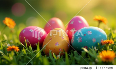 Eye catching display of decorated Easter eggs scattered among fresh green grass, colorful daisy flowers, creating enchanting atmosphere of spring holidays. Perfect illustration for festive greetings. 125577566