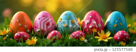 Colorful Easter banner showcasing vibrant eggs in lush green meadow surrounded by cheerful flowers. Perfect for celebrating spring, holiday festivities, this digital design radiates joy, brightness. 125577580