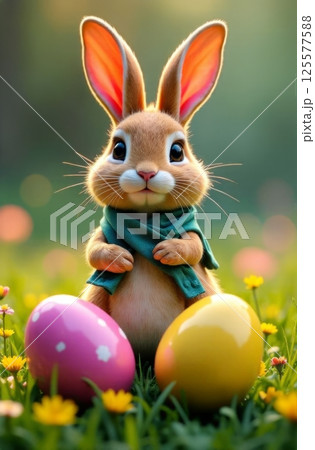 Sweet bunny posing with pastel-colored eggs at sunny meadow, accentuated by blooming flowers. This delightful image embodies Easter spirit, making it perfect for greeting cards and seasonal decor. Sweet bunny posing with pastel-colored eggs at sunny meadow, accentuated by blooming flowers. This delightful image embodies Easter spirit, making it perfect for greeting cards and seasonal decor. 125577588