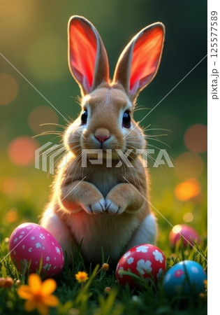 Sweet bunny posing with pastel-colored eggs at sunny meadow, accentuated by blooming flowers. This delightful image embodies Easter spirit, making it perfect for greeting cards and seasonal decor. 125577589