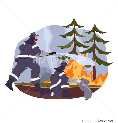 Fireman at forest extinguishing fire. Vector firefighter extinguish or saving wood from flame. Managing smoke at forested area. Nature hazard and wilderness disaster. Water environmental protection. 125577591