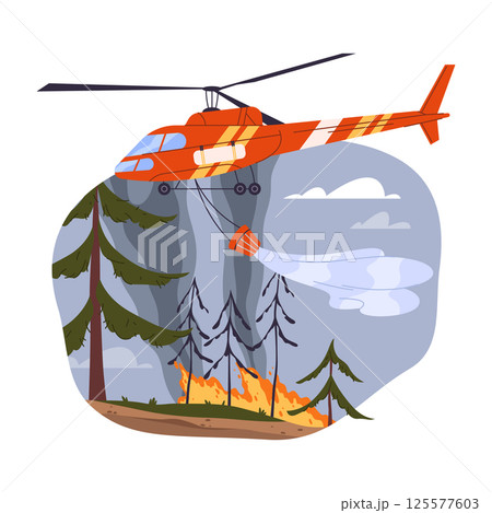 Vector helicopter extinguishing forest fire. Aerial firefighting in wood. Aircraft release water over blazing trees. Emergency fire suppression. Flames and aviation. Environment protection and hazard. 125577603