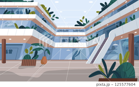 Outdoor view at mall or business center. Vector urban building for commercial architecture, storefronts, and pedestrian areas in a modern city plaza. Retail facade of shopping center or corporate hub. Outdoor view at mall or business center. Vector urban building for commercial architecture, storefronts, and pedestrian areas in a modern city plaza. Retail facade of shopping center or corporate hub. 125577604