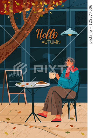 Person drinks coffee or tea outdoor, autumn vibe. Vector banner, vertical flyer. Free time relaxation, resting alone. Exterior of the cafe. Cozy atmosphere. Seasonal rest. Happiness lifestyle. Person drinks coffee or tea outdoor, autumn vibe. Vector banner, vertical flyer. Free time relaxation, resting alone. Exterior of the cafe. Cozy atmosphere. Seasonal rest. Happiness lifestyle. 125577606