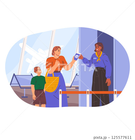 Mother and child at airport ticket control. Vector passengers at document verification terminal. Travel or journey procedure and boarding process at registration desk. Air transport. Inspection. 125577611