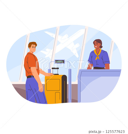 Airport inspection of hand baggage or cabin luggage. Vector people at security check or screening procedure, checking process. Flight travel or airline carry-on safety procedure. Aviation journey. 125577623