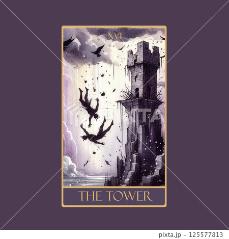 A watercolor Tarot card 'The Tower'.Tarot card colorful deck. Major arcana set part . Vector hand drawn engraved style. Occult and alchemy symbolism. 125577813