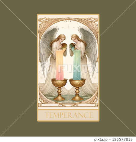 A watercolor Tarot card 'Temperance'.Tarot card colorful deck. Major arcana set part . Vector hand drawn engraved style. Occult and alchemy symbolism. A watercolor Tarot card 'Temperance'.Tarot card colorful deck. Major arcana set part . Vector hand drawn engraved style. Occult and alchemy symbolism. 125577815