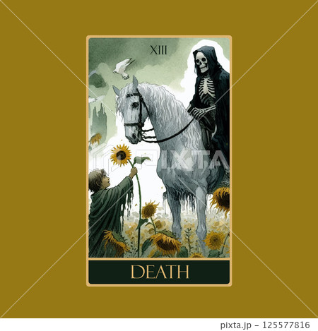 A watercolor Tarot card 'Death'.Tarot card colorful deck. Major arcana set part . Vector hand drawn engraved style. Occult and alchemy symbolism. A watercolor Tarot card 'Death'.Tarot card colorful deck. Major arcana set part . Vector hand drawn engraved style. Occult and alchemy symbolism. 125577816