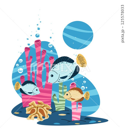 Flat Style Tropical Fish and Aquatic Plants Isolated Illustration. Perfect for Childrens Books, Aquatic Shops Branding and Ocean Conservation Projects 125578033