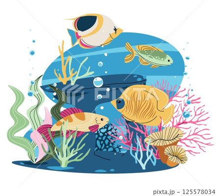 Tropical Fish and Seaweed Flat Design Isolated on White Background. Vibrant Marine Life Vector Illustration for Aquarium Posters, Kids Educational Books and Ocean Themed Decor. Tropical Fish and Seaweed Flat Design Isolated on White Background. Vibrant Marine Life Vector Illustration for Aquarium Posters, Kids Educational Books and Ocean Themed Decor. 125578034