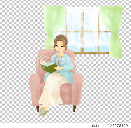 一位女士在窗邊讀書的水彩插圖 一位女士在窗邊讀書的水彩插圖 125578199