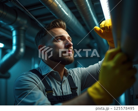 Technician in overalls and yellow gloves inspecting large metal ventilation duct in industrial facility. 125578495