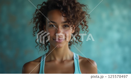 Fitness influencer wearing athleisure clothing and posing in a high-end gym 125578497